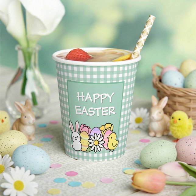 Happy Easter Bunny Chick Eggs Green Gingham Pappbecher (Von Creator hochgeladen)