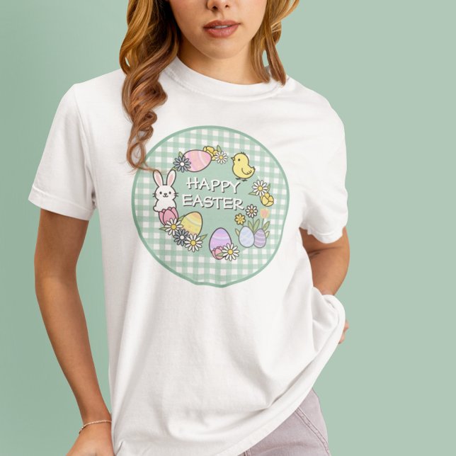Happy Easter Bunny Chick Eggs Green Gingham T-Shirt (Von Creator hochgeladen)