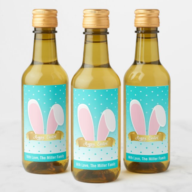 Happy Easter Bunny Ears Aquamarin Mini Weinkeller  Weinetikett (Flaschen)