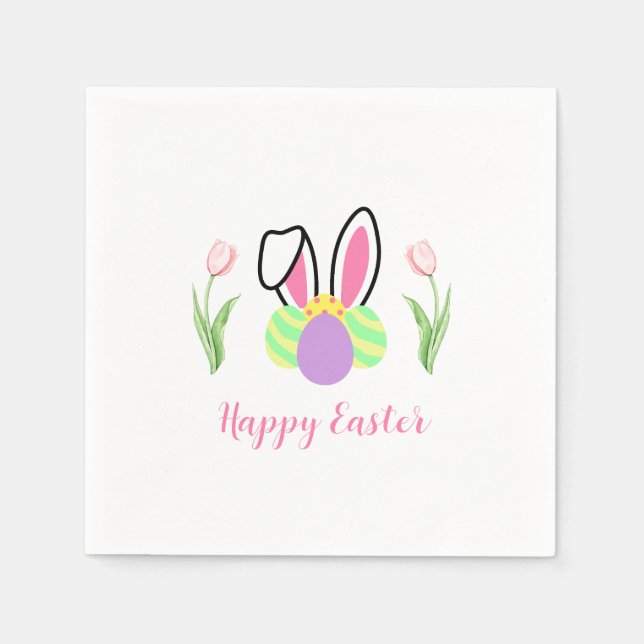 Happy Easter Bunny Ears Eggs and Pink Tulips Serviette (Vorderseite)