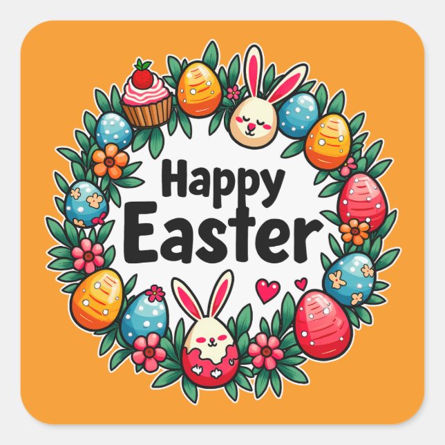 Happy Easter – Bunny & Eggs - Autocolante Quadratischer Aufkleber (Vorderseite)