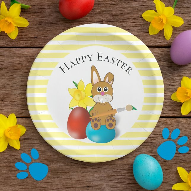 Happy Easter Bunny mit Holiday Eggs Party Pappteller (Happy Easter paper plate with collage bunny & eggs artwork.  A charming plate for family brunch. )