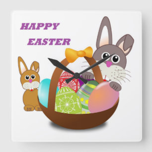"HAPPY EASTER" BUNNY QUADRATISCHE WANDUHR