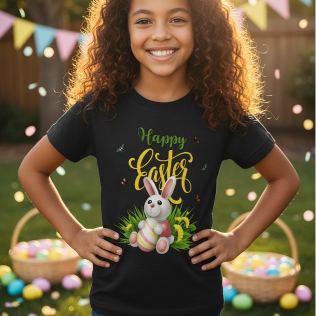 Happy Easter Bunny Sunflowers Girls Black Tee (Von Creator hochgeladen)