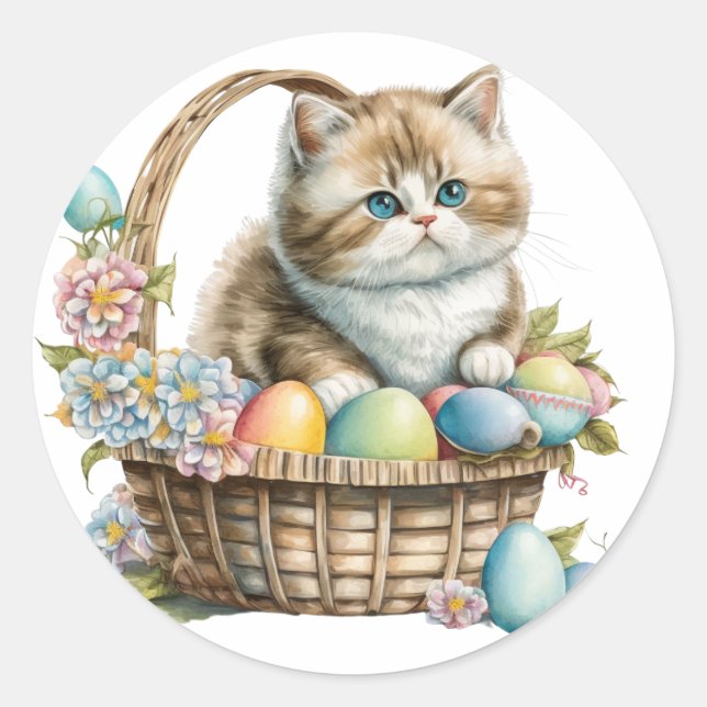 Happy Easter Cat Basket mit Ostereiern & Blume Runder Aufkleber (Vorderseite)