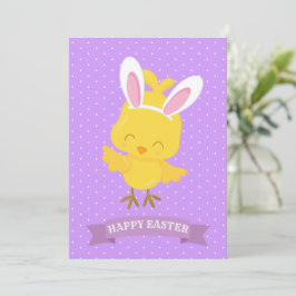 Happy Easter Chick Rabbit Ohren Lila Gelb Niedlich Feiertagskarte