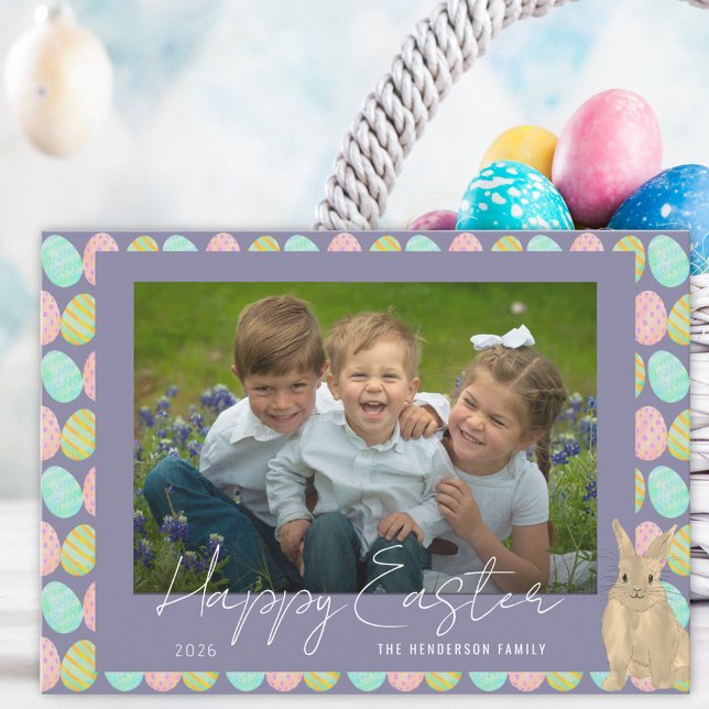 Happy Easter Cute Bunny Photo Feiertagskarte (Watercolor cute bunny and Easter eggs photo happy Easter holiday flat greetings card)