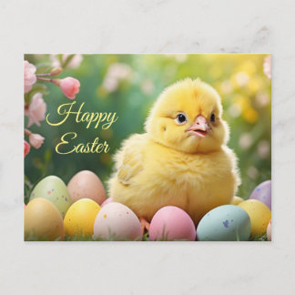 Happy Easter Easter Baby Chick with Painted Eggs  Feiertagspostkarte