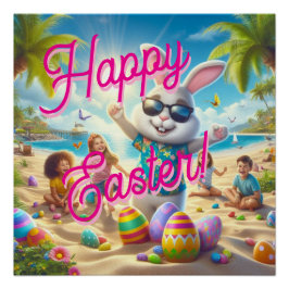 Happy Easter Easter Bunny on Beach Poster