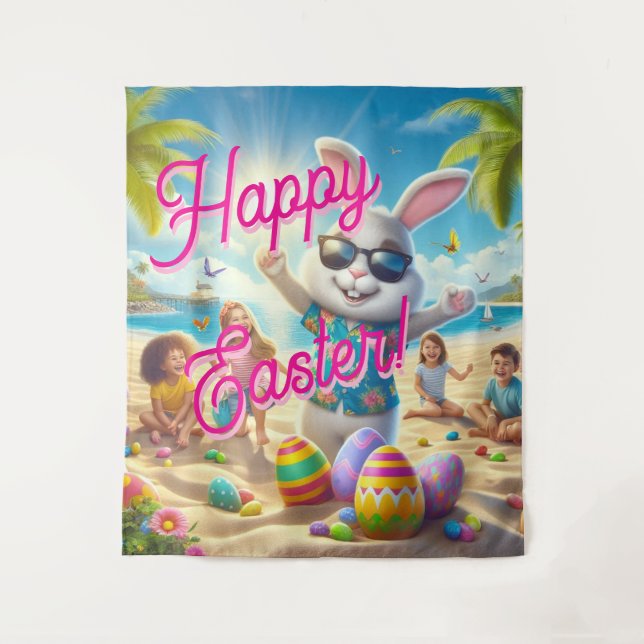 Happy Easter Easter Bunny on Beach Tapestry Wandteppich (Vorderseite)