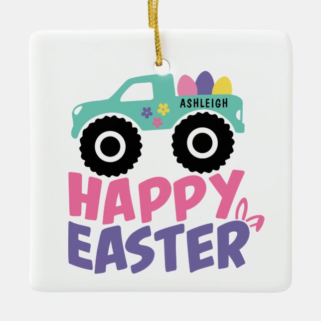 Happy Easter Egg Girly Truck Moderner Name Keramikornament (Vorderseite)