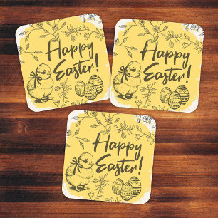 Happy Easter Eggs & Chick Yellow Quadratischer Aufkleber