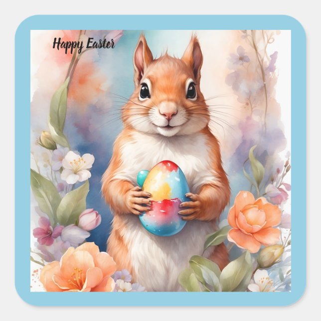Happy Easter Eichhörnchen Quadratischer Aufkleber (Vorderseite)