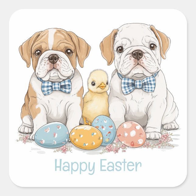 Happy Easter English Bulldogs Quadratischer Aufkleber (Vorderseite)