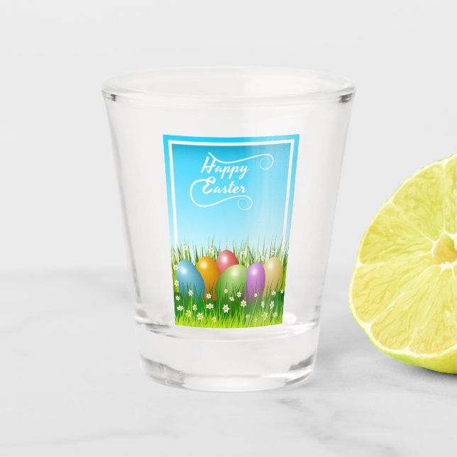 "HAPPY EASTER" - FARBHAFTE OSTEREIER SCHNAPSGLAS (Vorderseite)