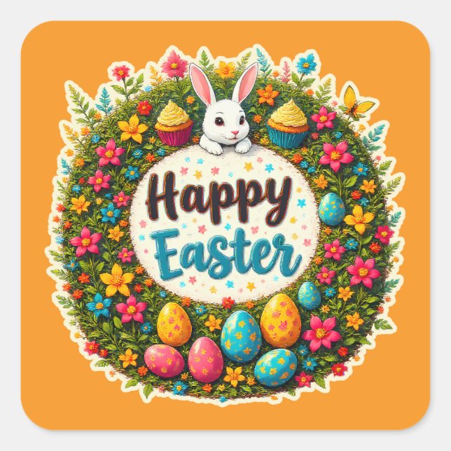 Happy Easter – Floral Spring Wreath Autocolante Quadratischer Aufkleber (Vorderseite)