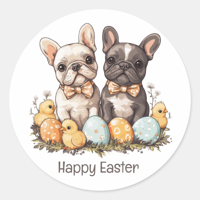 Happy Easter French Bulldogs Runder Aufkleber (Vorderseite)