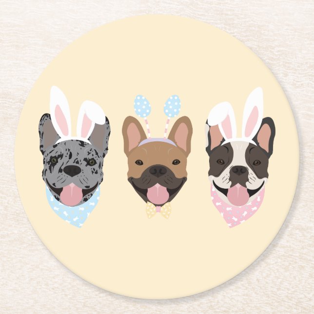 Happy Easter French Bulldogs Runder Pappuntersetzer (Vorderseite)