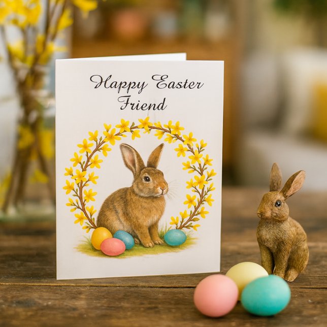 Happy Easter Friend Folded Greeting Card Karte (Rustic Easter card scene with bunny figurine, pastel eggs, and forsythia on warm pine table.)