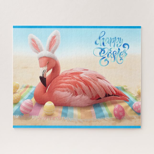 Happy Easter from Florida Flamingo Bunny on Beach  (Horizontal)
