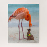 Happy Easter from Florida Flamingo on Beach<br><div class="desc">Happy Easter from Florida! The design on this gorgeous tropical-themed jigsaw puzzle features a vibrant pink flamingo on a sandy beach with its beak gently touching a chocolate Easter bunny. The soft blue hues of the ocean are in the background. The Easter jigsaw puzzle is a great gift option for...</div>