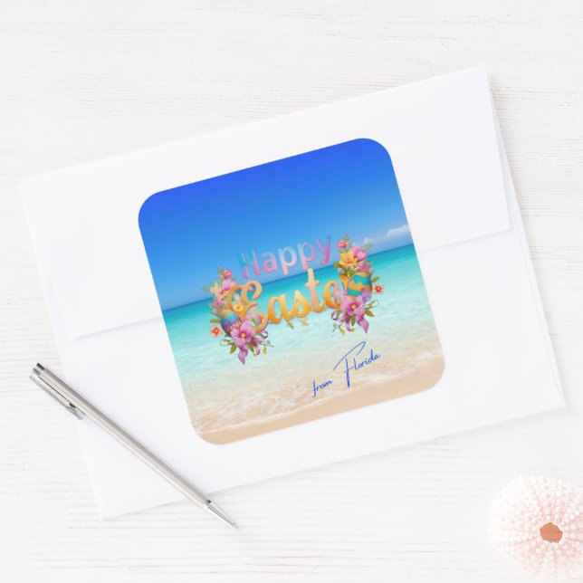 Happy Easter from Florida Tropical Beach Quadratischer Aufkleber (Umschlag)