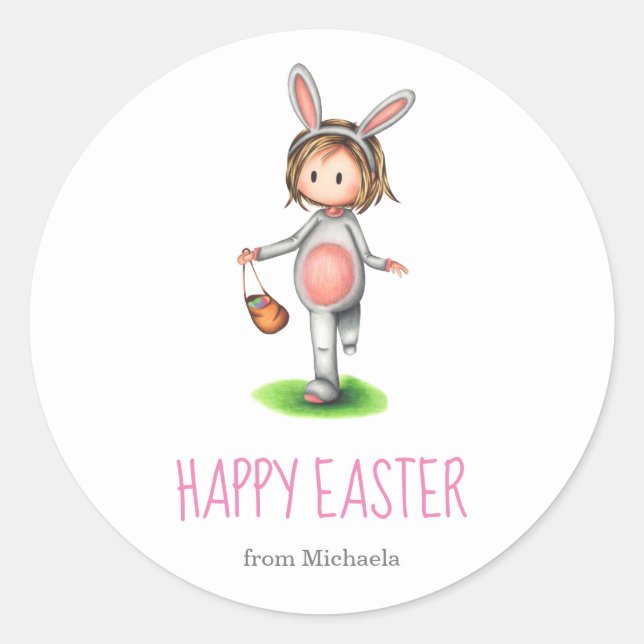 Happy Easter Girl in Rabbit Kostüm Kinder Urlaub Runder Aufkleber (Vorderseite)