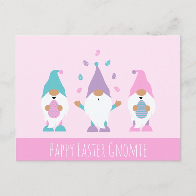 Happy Easter Gnomie Juggling Ostereier Postkarte (Vorderseite)