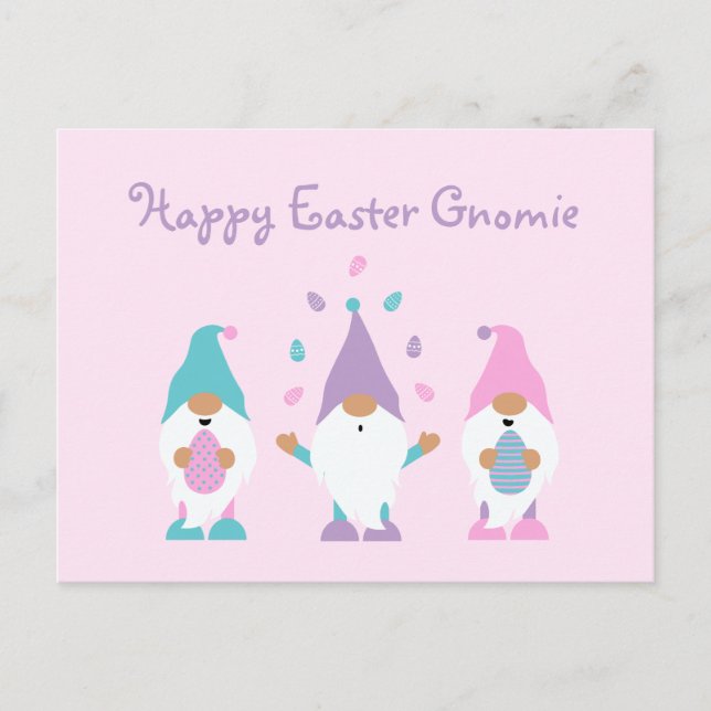 Happy Easter Gnomie Juggling Ostereier Postkarte (Vorderseite)
