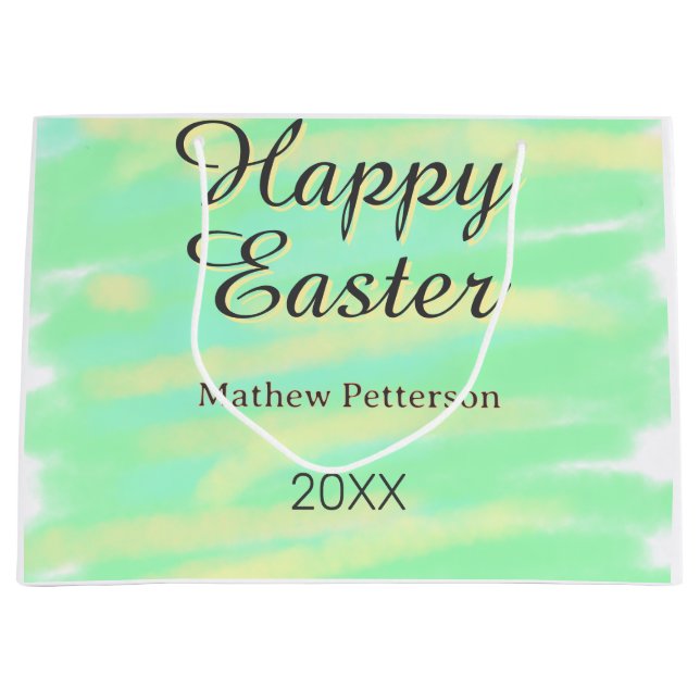Happy Easter green yellow pastel gray name year  Große Geschenktüte (Vorderseite)