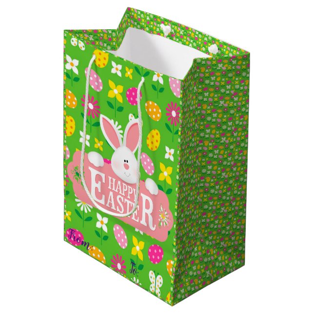 Happy Easter Holiday Bunny Floral Mittlere Geschenktüte (Vorderseite Schrägansicht)
