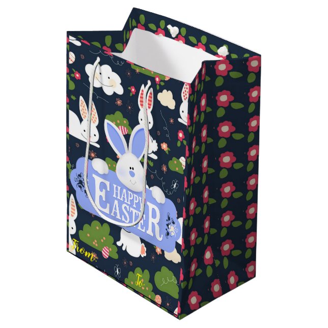 Happy Easter Holiday Bunny Floral Mittlere Geschenktüte (Vorderseite Schrägansicht)