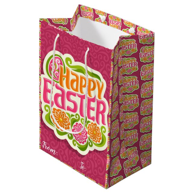 Happy Easter Holiday Bunny Floral Mittlere Geschenktüte (Vorderseite Schrägansicht)