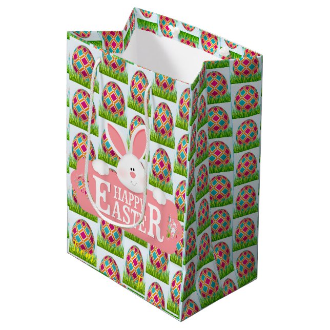 Happy Easter Holiday Bunny Floral Mittlere Geschenktüte (Vorderseite Schrägansicht)
