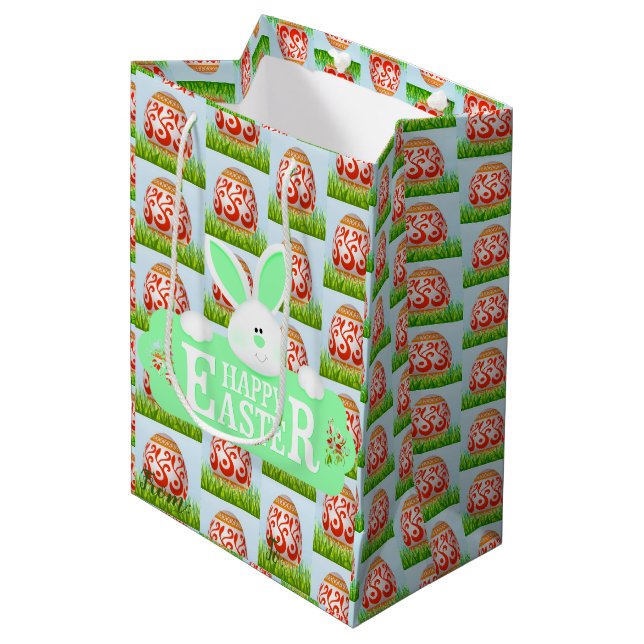 Happy Easter Holiday Bunny Floral Mittlere Geschenktüte (Vorderseite Schrägansicht)