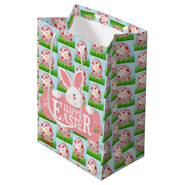 Happy Easter Holiday Bunny Floral Mittlere Geschenktüte (Vorderseite Schrägansicht)