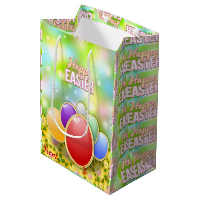 Happy Easter Holiday Bunny Floral Mittlere Geschenktüte (Vorderseite Schrägansicht)