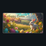 Happy Easter in a Spring Landscape Schreibtischunterlage<br><div class="desc">A picturesque spring landscape with rolling hills and blossoming trees stretches out in an idyllic, sunlit valley. A bright white Easter bunny sits attentively in the grass, surrounded by colorful, artfully decorated Easter eggs. The flowers in vibrant colors and the warm golden light of the setting sun lend the scene...</div>