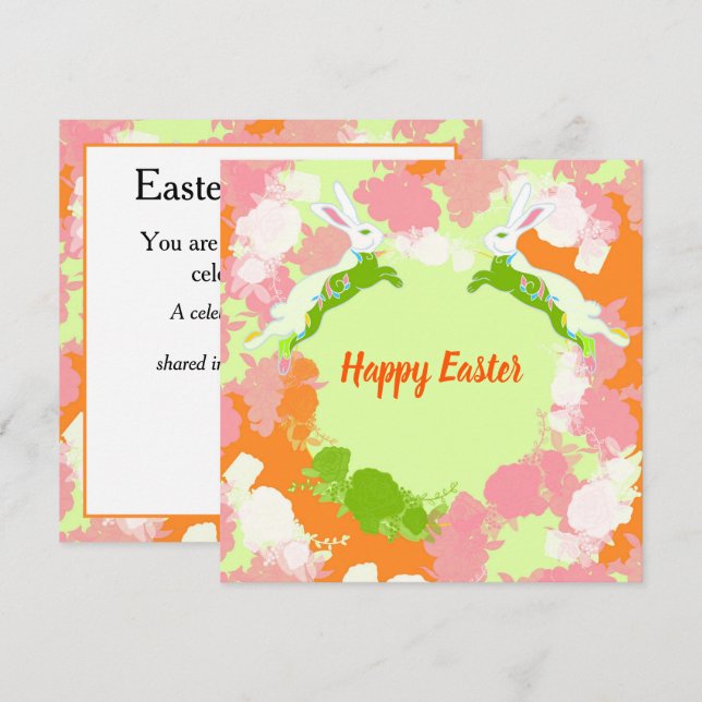 Happy Easter Invitation Card – Cute Bunny Floral  (Devant / Derrière)