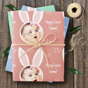 Happy Easter Kid Photo with Bunny Ears Pastel Geschenkpapier Set