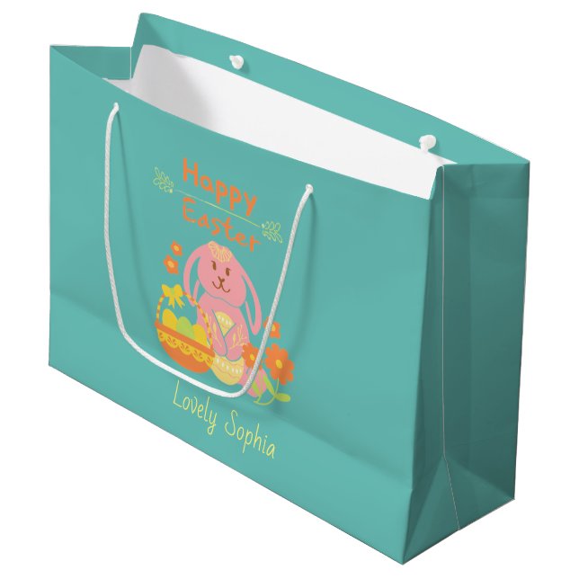 Happy Easter Pink Bunny Große Geschenktasche Geschenktüte (Vorderseite Schrägansicht)