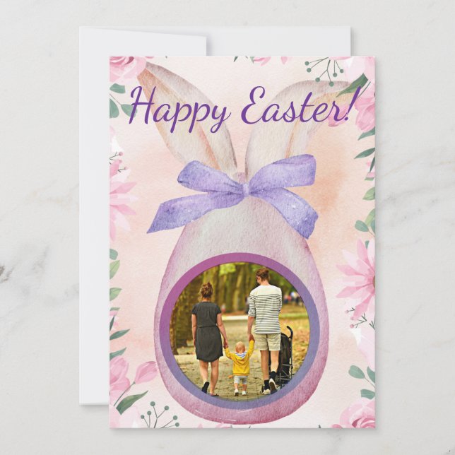 Happy Easter pink egg with bow insert photo Einladung (Vorderseite)