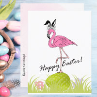 Happy Easter Pink Flamingo Bunny Ears and Eggs