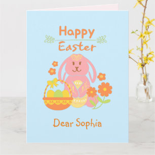 Happy Easter Pink Rabbit und Blume Card Karte