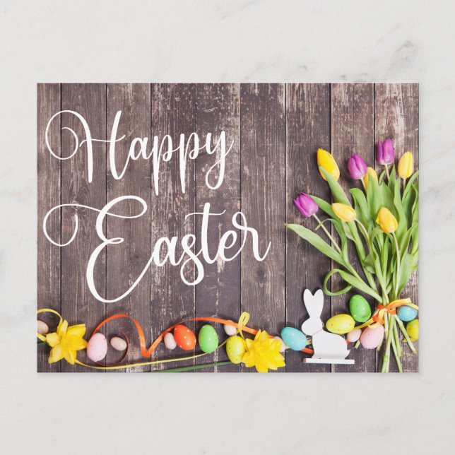 Happy Easter Postcard Wood Background Flowers Postkarte (Vorderseite)
