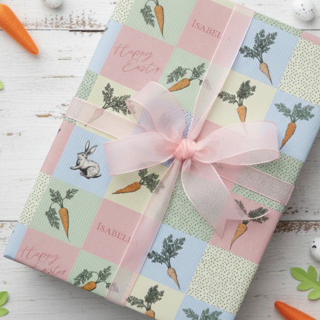 Happy Easter Rabbit & Carrot Square Pattern Geschenkpapier (Adorable Pink Happy Easter Wrapping Paper for Her. Cute Easter Bunny & Carrots Illustration for Kids)
