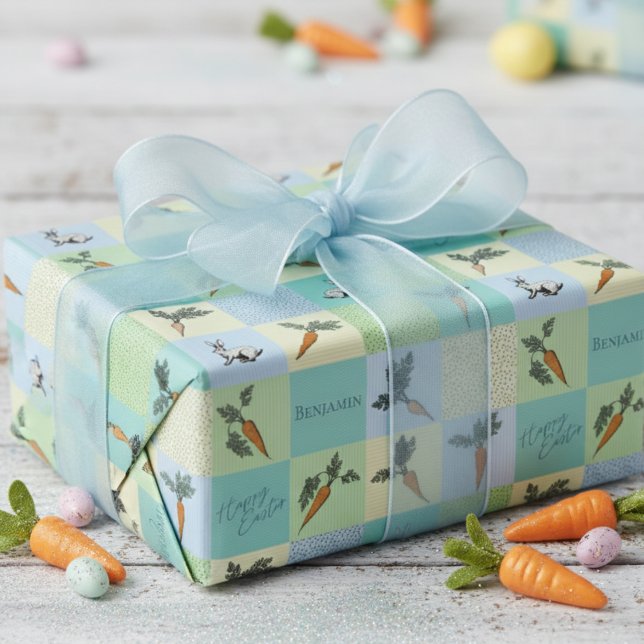 Happy Easter Rabbit & Carrot Squares Blue Pattern Geschenkpapier (Colorful Happy Easter Wrapping Paper for Kids. Adorable Bunnies & Carrot Veggies Blue Pattern)