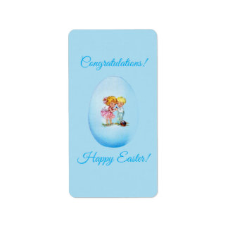 Happy Easter!  Retro postcard, Easter egg, girl an Adressaufkleber