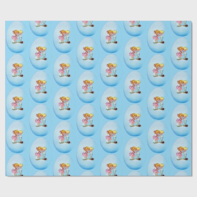 Happy Easter!  Retro postcard, Easter egg, girl an Geschenkpapier (Flach)