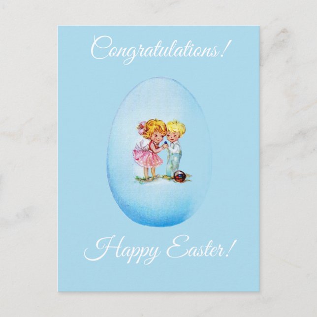 Happy Easter!  Retro postcard, Easter egg, girl an Postkarte (Vorderseite)